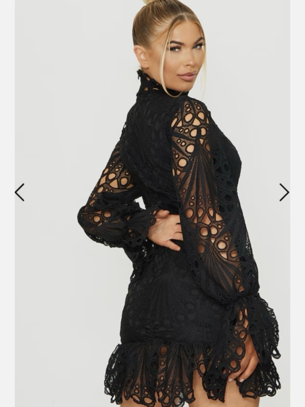 PrettyLittleThing Black Cutout Lace High Neck Mini Dress - Picture 2 of 7